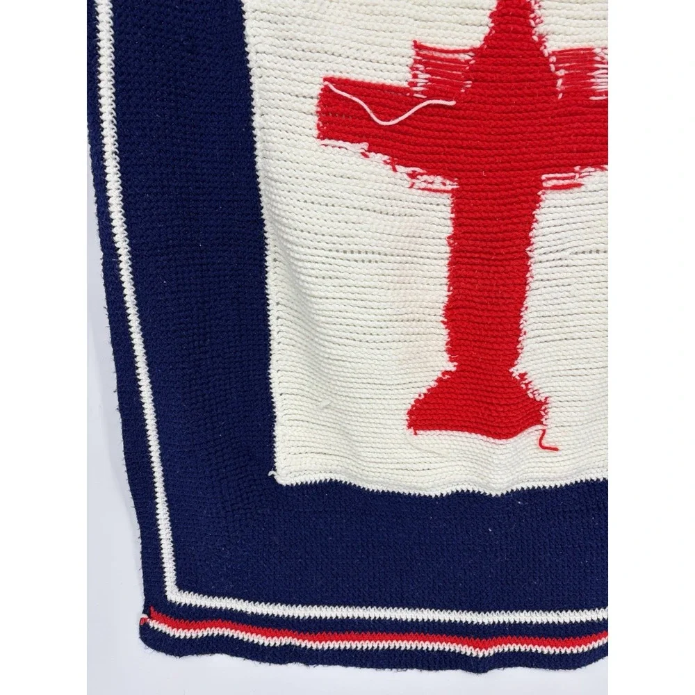 Vintage Handmade Crochet Knit Baby Blanket Airplane Red White Blue 44